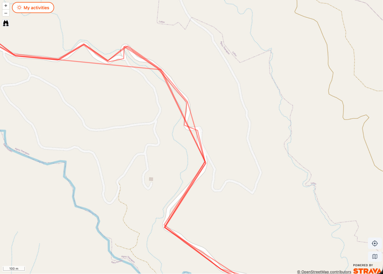 Strava activity tracks rendered with the default low-detail polyline — jagged, with long straight segments that do not follow the roads.