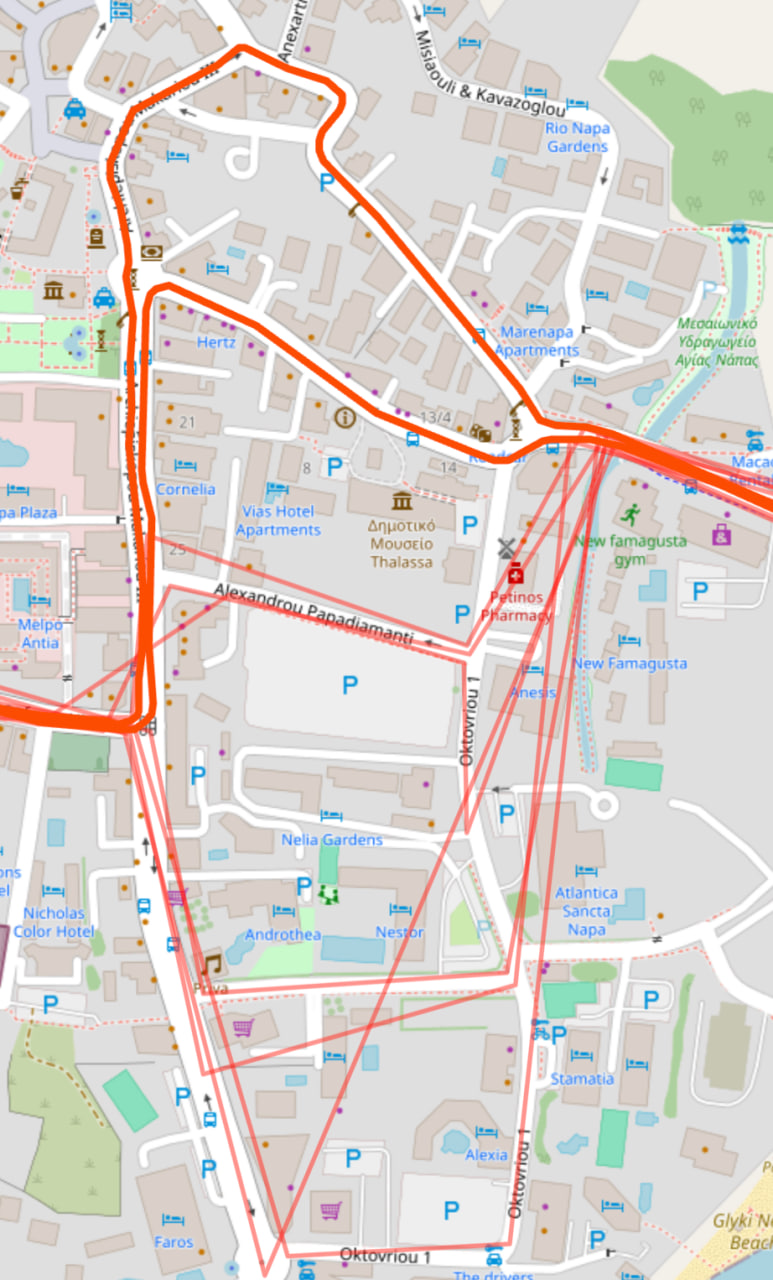 A map with a mix of refreshed and not-yet-refreshed Strava tracks. The top track is smooth and accurate; the tracks at the bottom are still jagged.