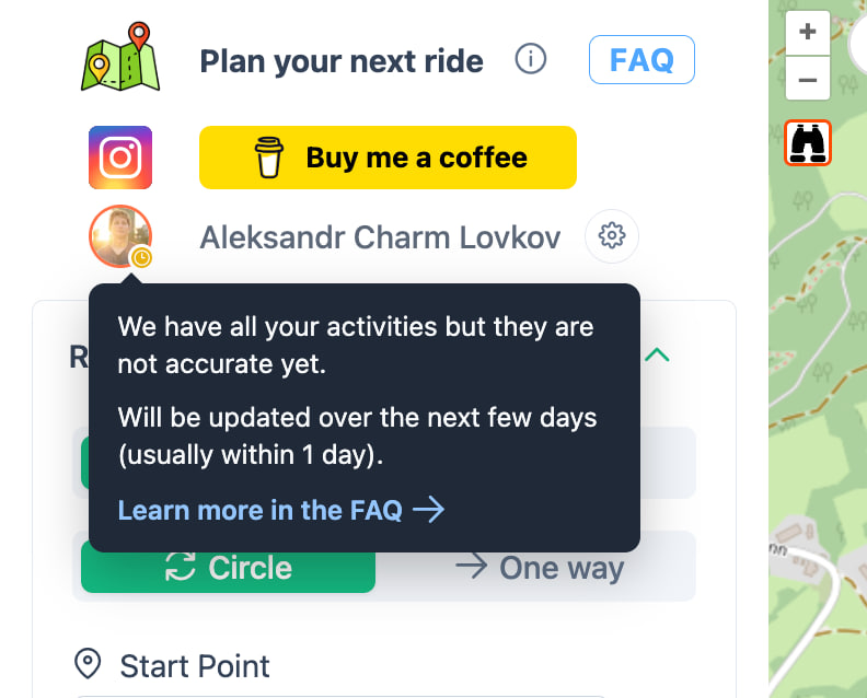 A yellow indicator on the user avatar with a tooltip: We have all your activities but they are not accurate yet. Will be updated over the next few days.