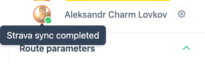 A green check mark on the user avatar with a tooltip: Strava sync completed.
